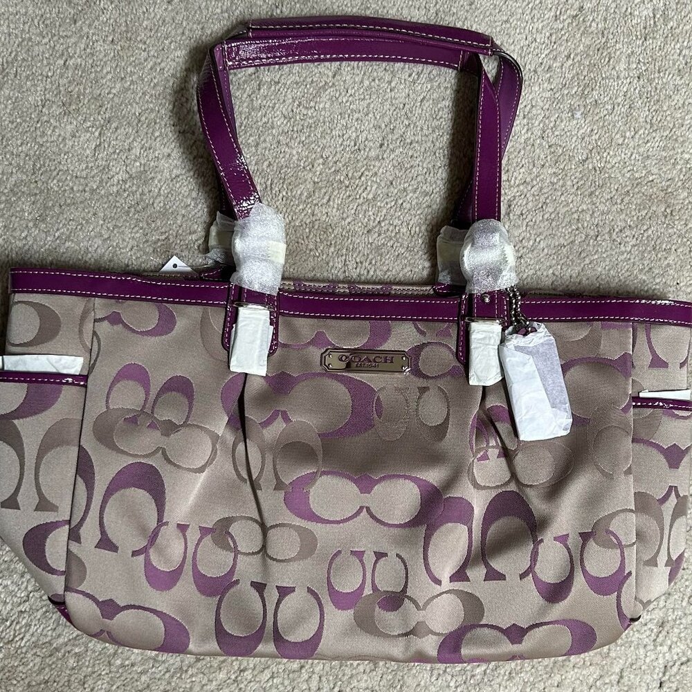 Coach Canvas Signature Tote Khaki and Purple Vintage